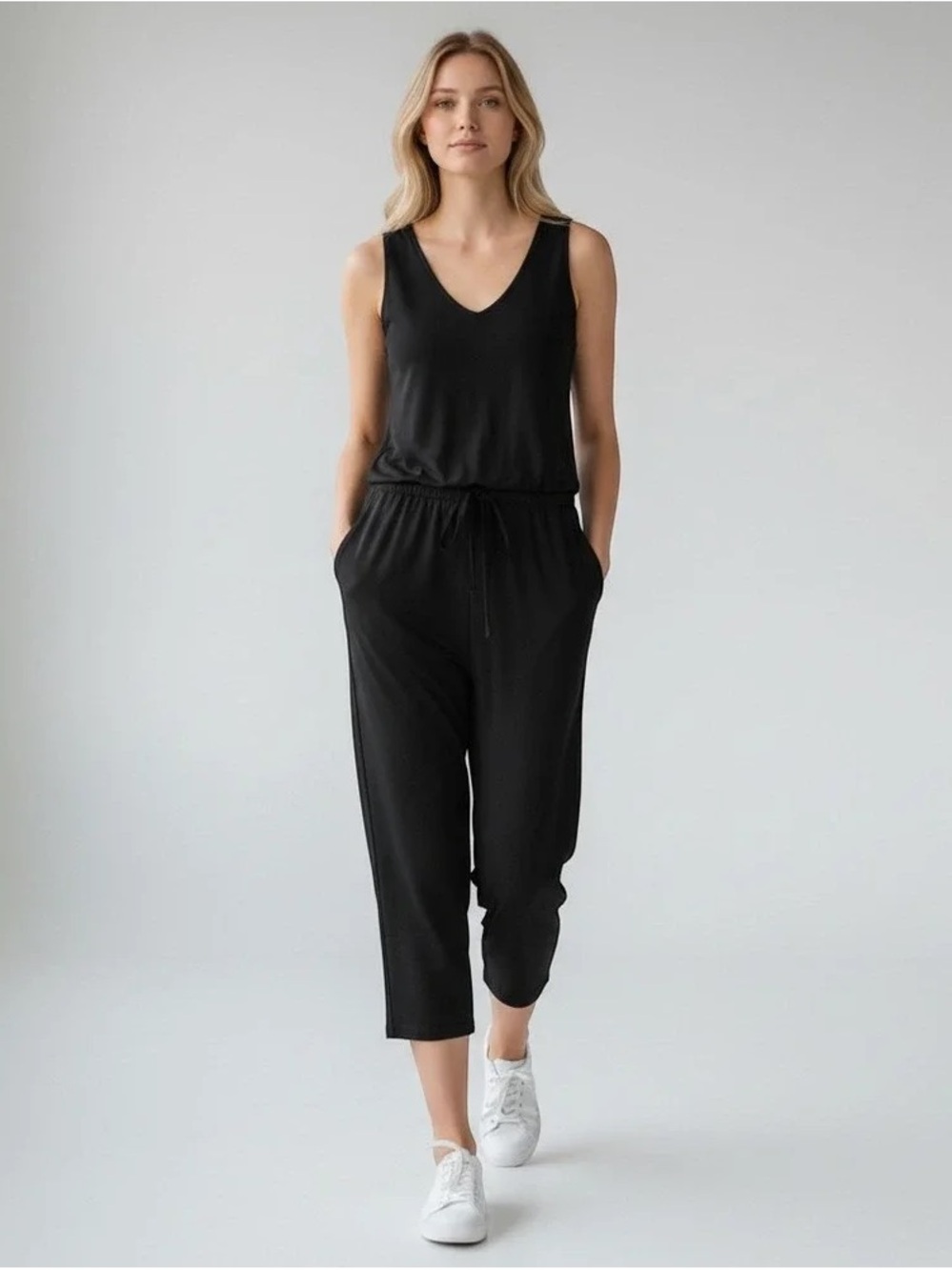 Quince French Terry Modal Jumpsuit Black Medium Sleeveless Drawstring Cropped